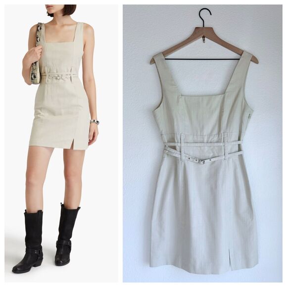 NEW IRO Paris Parmida Square Neck Belt Detail Mini Dress in Champagne Sz 38 US6